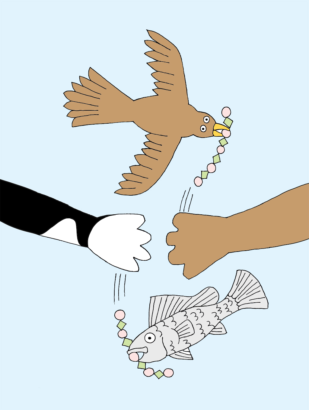 Close up illustration of bird swooping down and fish jumping up to snatch the bracelets out of the hands of Plucky and Strings