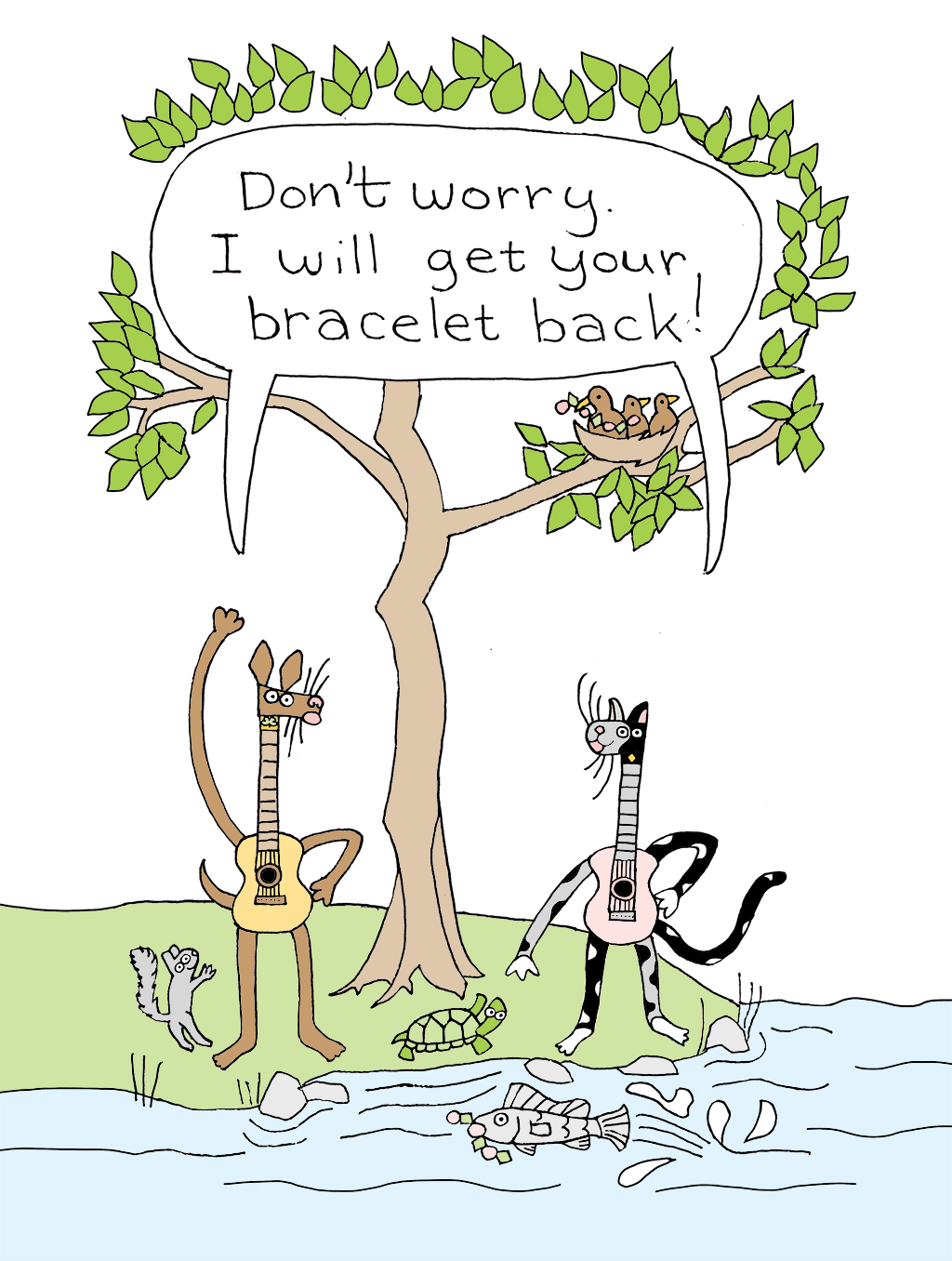 Plucky and Strings stand tall and proclaim resolutly together: I will get your bracelet back!