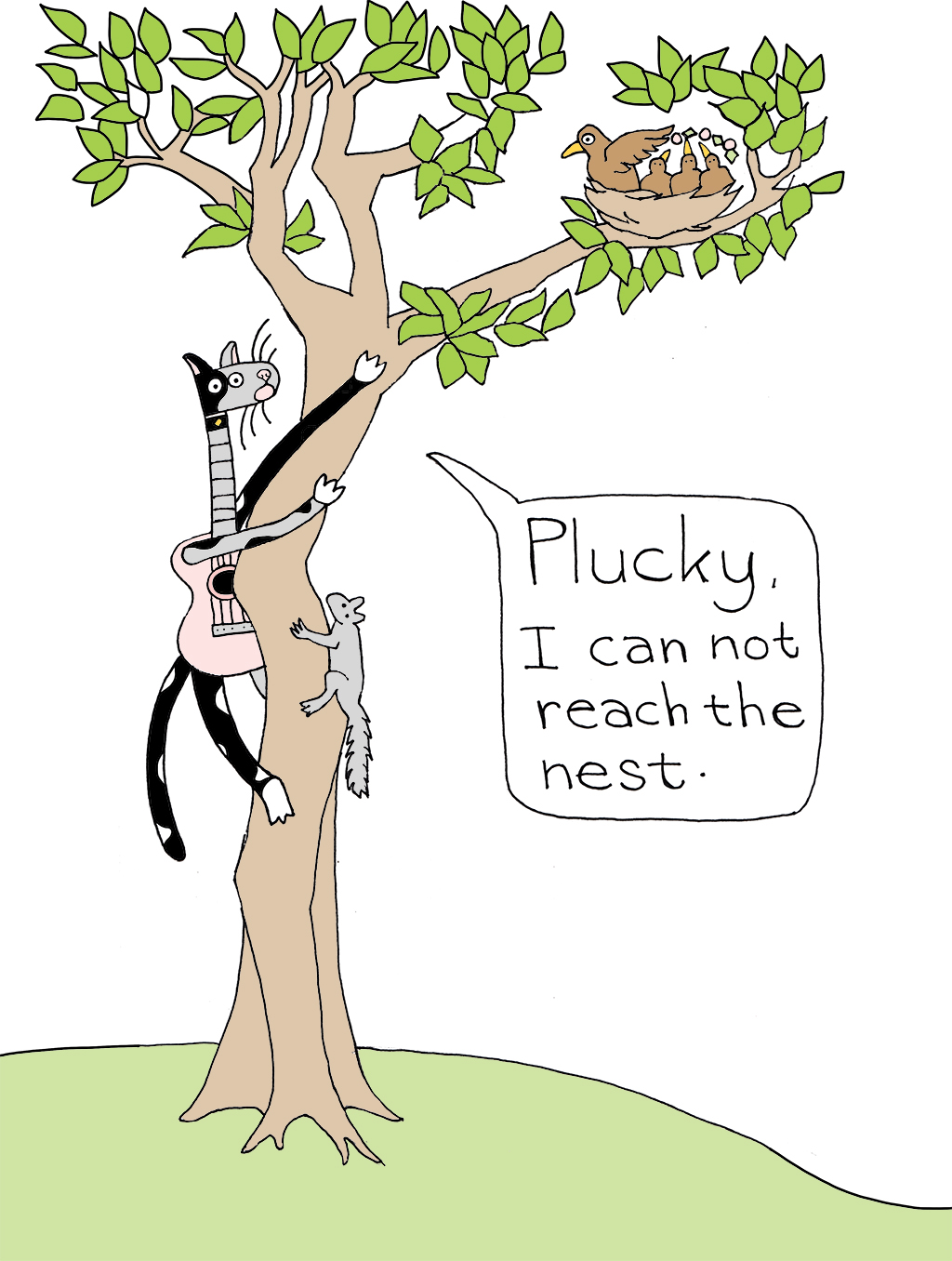 Strings the guitar cat is climbing the tree struggling to reach out onto the branch where the bird is sitting out on the end of the tree branch in her nest with three baby birds