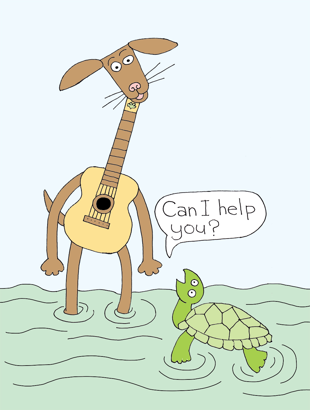 Plucky the guitar dog is standing in shallow water looking down at and listening to Turtle who is swimming below.